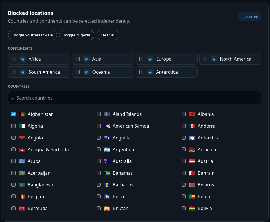X Geofence blocked locations settings showing continent and country filters